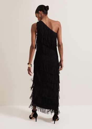 Phase Eight Otto One Shoulder Fringe Dress Black Australia | LB6129540